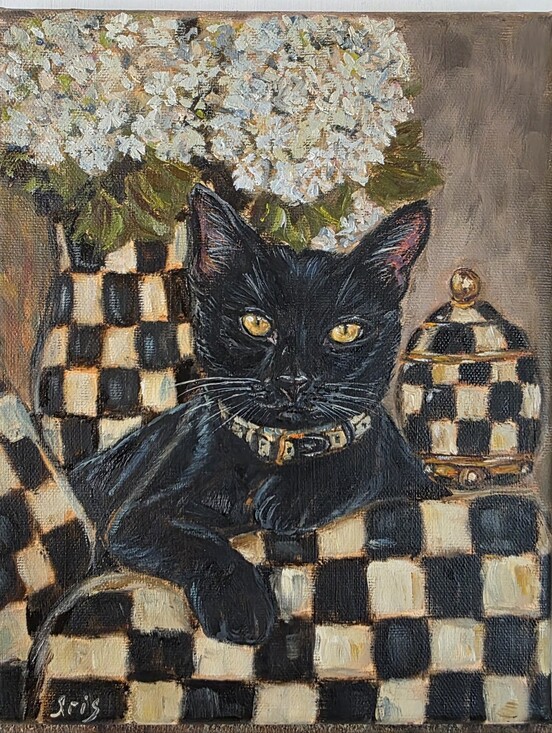 handpainted Other - Abstract oil Painting cute Tuxedo cat With Hydrangea